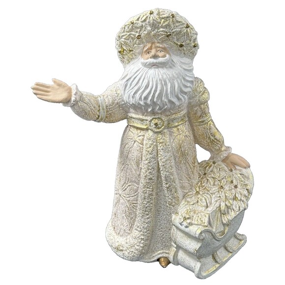 Vintage Ceramic Gold and White Santa Waving with Sleigh of Flowers 15 Inch Tall - Picture 1 of 6